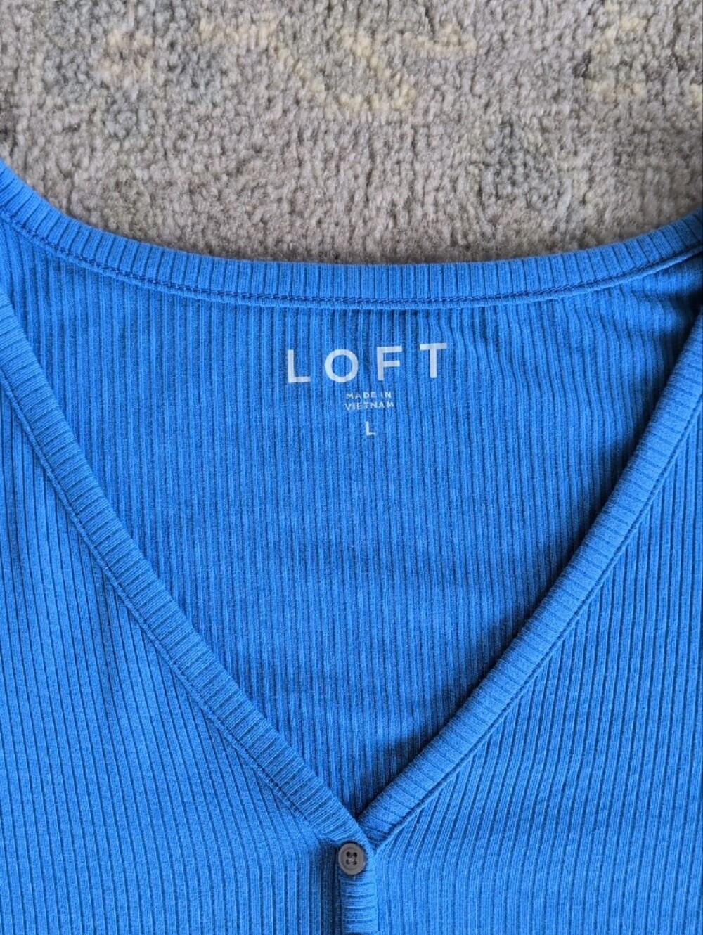 LOFT Bright Blue Ribbed V-Neck Button Top - Picture 2 of 6